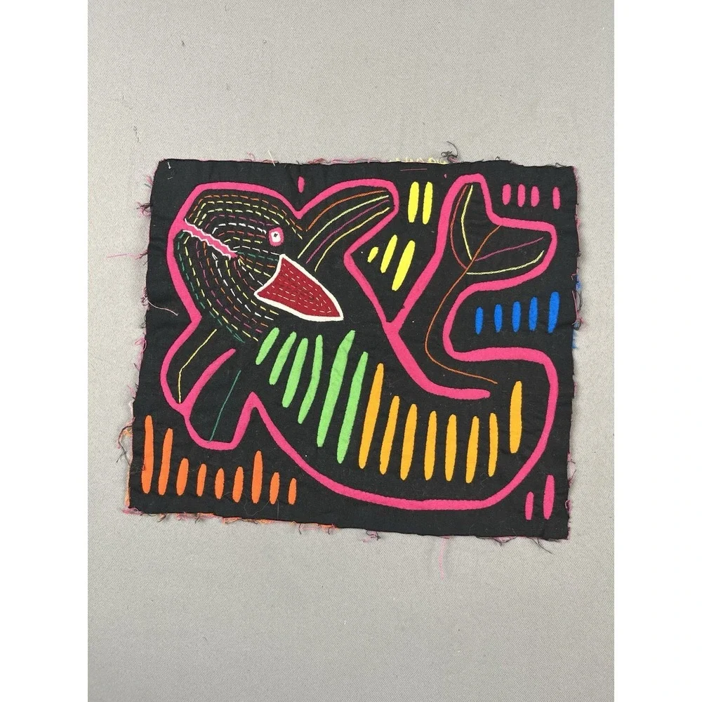 VTG Kuna Mola Hand Sewn Art Textile Fabric Folk Fabric Whale Fish Quilt Block‎